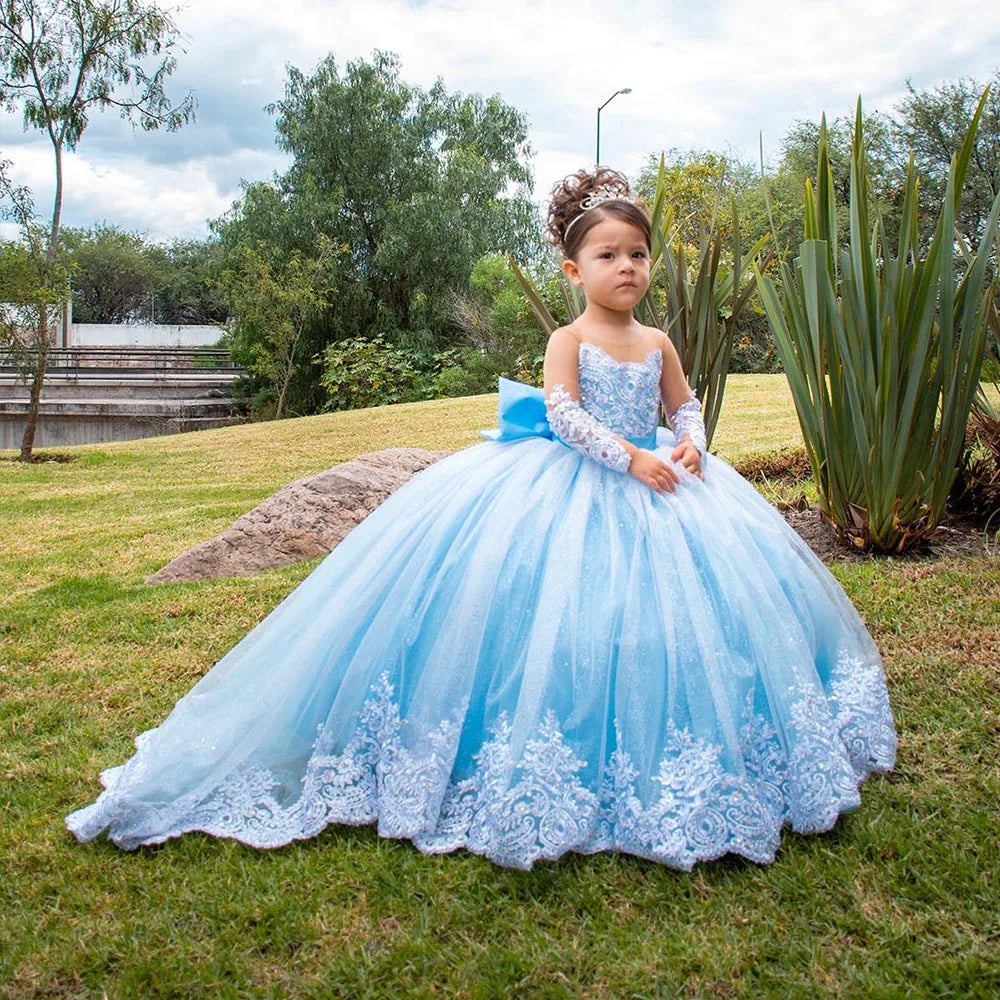 Flower Girl Wedding Dress - Long Sleeve Satin Bow Ball Gown for Toddlers & Girls