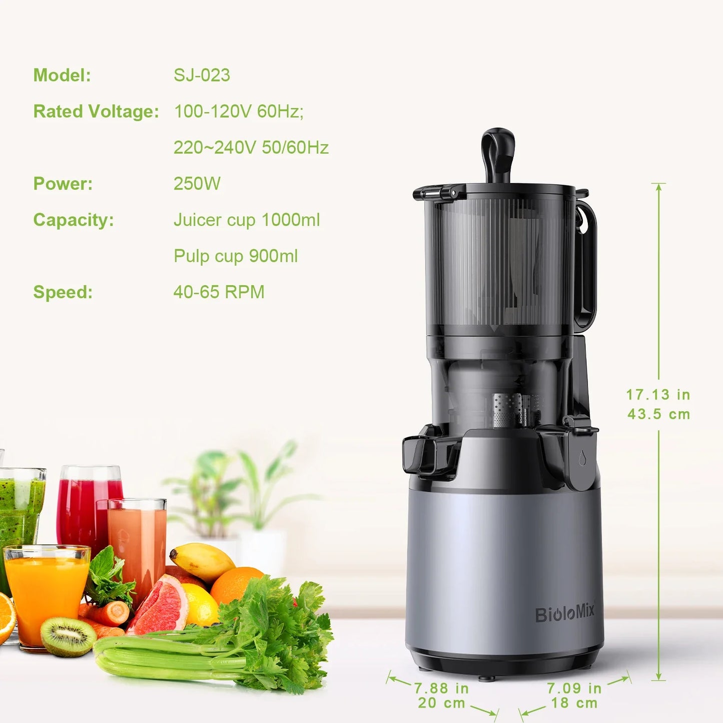 BioloMix Cold Press Juicer — 130mm Feed Chute, Whole Fruit & Vegetable Slow Masticating Juicer, High Yield BPA-Free