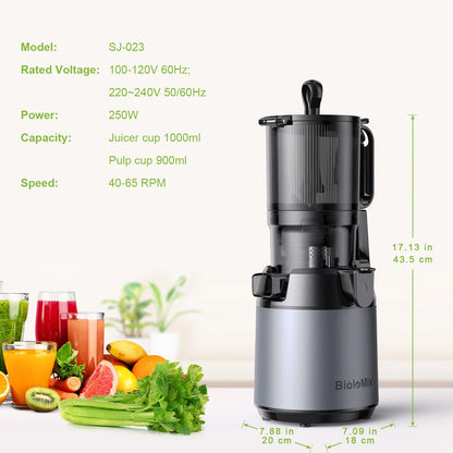 BioloMix Cold Press Juicer — 130mm Feed Chute, Whole Fruit & Vegetable Slow Masticating Juicer, High Yield BPA-Free