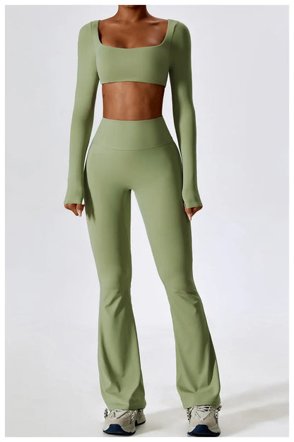 2PCS Seamless Women’s Yoga Set – Long Sleeve Crop Top & Leggings Workout Outfit, Athletic Gym Sportswear