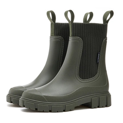 Women’s Mid-Calf PVC Rain Boots – Waterproof Solid Round Toe Platform Shoes