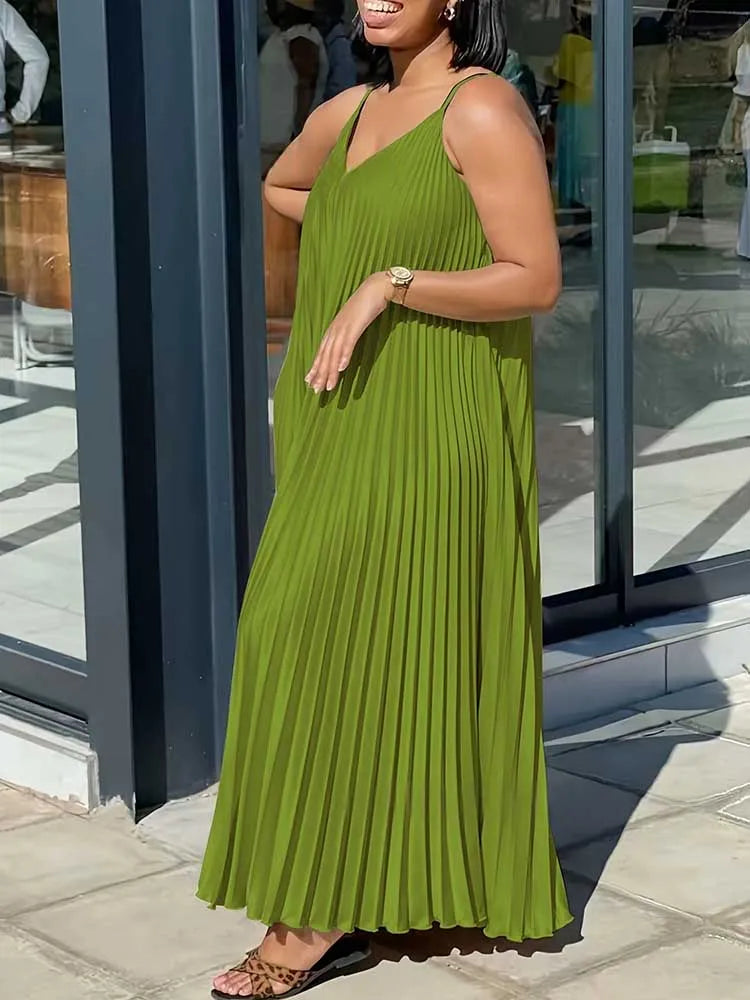 Women’s Summer Sleeveless V-Neck Dress – Elegant Pleated Loose Long Dress, Thin Straps, Plus Size