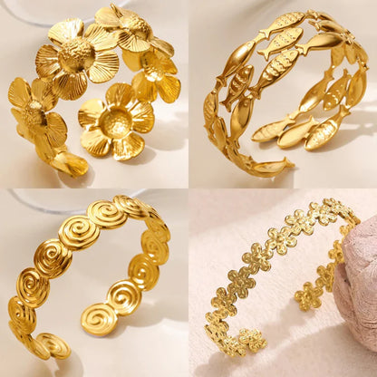 Punk Sunflower Fish Gold Stainless Steel Bracelet – Trendy Women’s Bangle Wedding Couple Jewelry