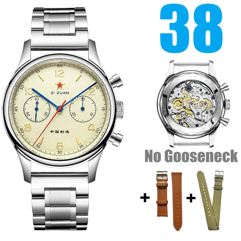 RED STAR 38mm Men's 1963 Chronograph Mechanical Watch – Pilot Air Force Aviation with Seagull ST1901 Movement & Sapphire Glass