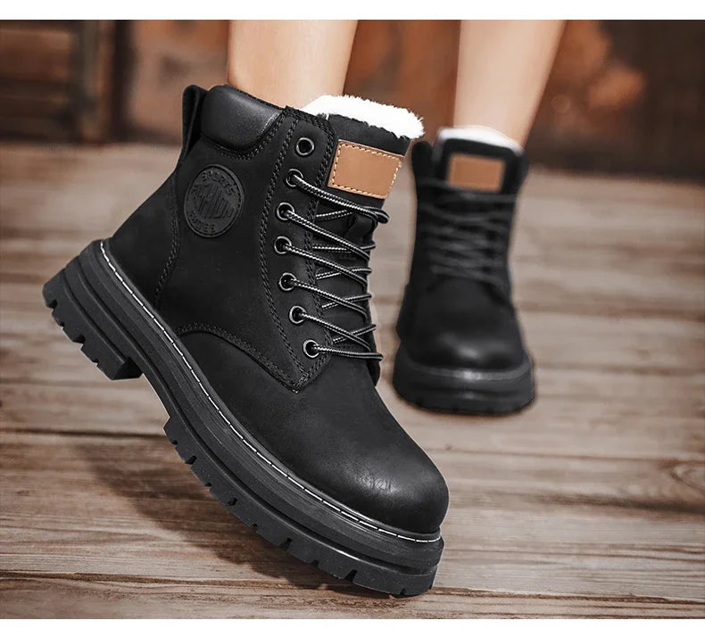 High Top Leather Boots for Men & Women – Fashion Lace-Up Outdoor Sneakers, Non-Slip Casual Ankle Shoes for Couples