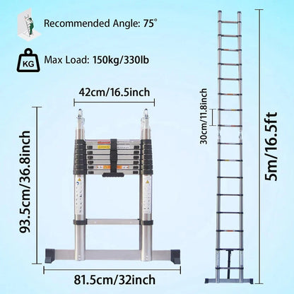 Telescopic Extension Ladder 2.6M-5M – Heavy Duty Folding Loft & Straight Ladder, Stainless Steel, Portable & Multi-Purpose Tool