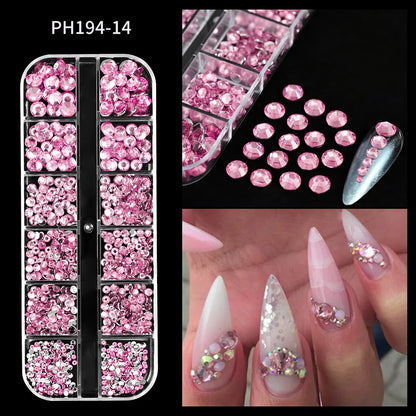 12-Grid 3D Glass AB Crystal Nail Art Rhinestones Kit – Flatback Round Beads with Tools for Nail Jewelry & Diamond Decoration