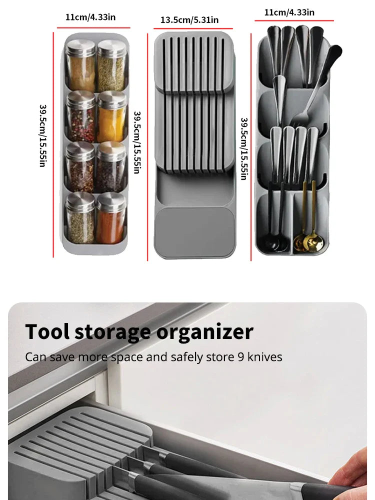 Kitchen Drawer Cutlery Organizer – Knife, Spoon & Fork Storage Tray with Spice Bottle Holder