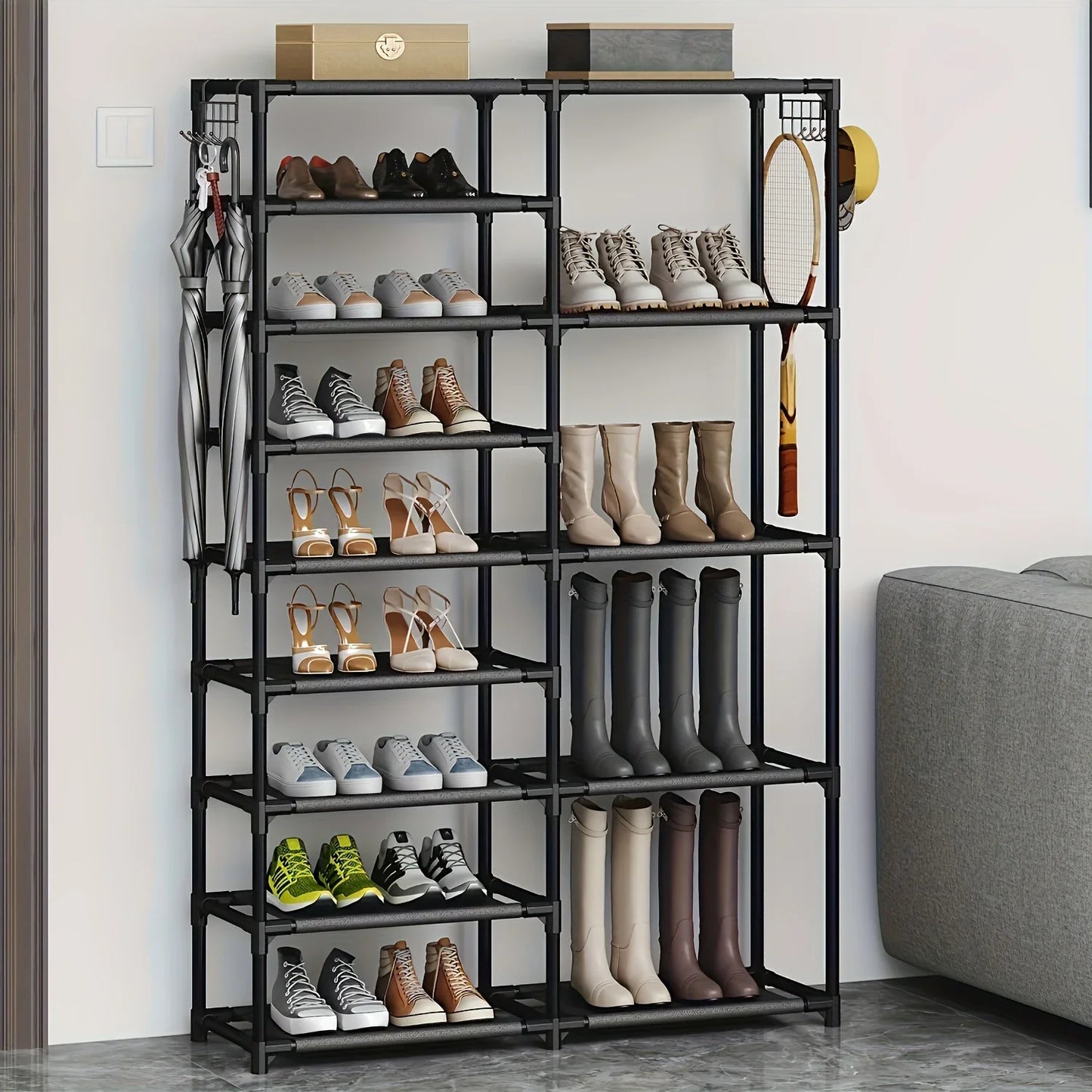 9-Tier Tall Shoe Rack with Hooks – Heavy Duty Vertical Organizer, Large Capacity Holds 24-35 Pairs, Black