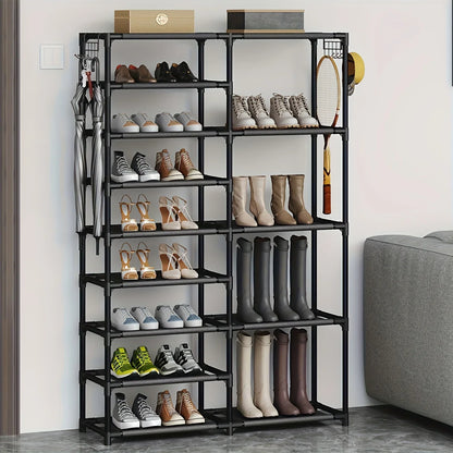9-Tier Tall Shoe Rack with Hooks – Heavy Duty Vertical Organizer, Large Capacity Holds 24-35 Pairs, Black