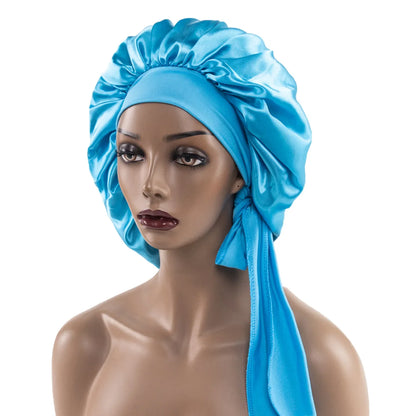 Satin Nightcap for Women - Wide Stretch, Extra-Large Long Tail, Shower Cap with Ribbon, Round Hat Hair Bonnet