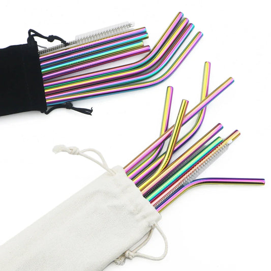 Colorful 304 Stainless Steel Reusable Straws Set — Metal Drinking Straws with Cleaning Brush for Cocktails & Glasses