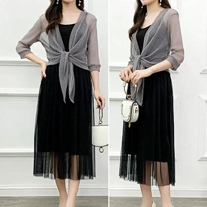 Sheer Glitter Lace-up Cardigan: Women's Half Sleeve Lightweight Summer Jacket - See-Through Loose Blouse