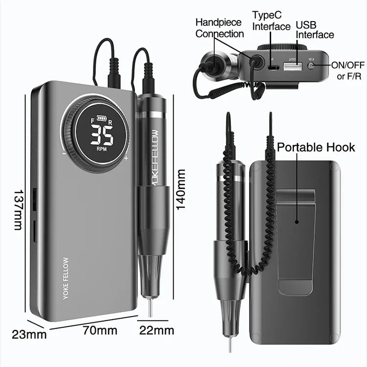 YOKEFELLOW Professional Nail Drill Kit – 35000RPM Rechargeable Electric Nail File for Manicure, Acrylic & Gel Nails
