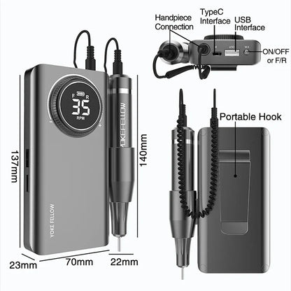 YOKEFELLOW Professional Nail Drill Kit – 35000RPM Rechargeable Electric Nail File for Manicure, Acrylic & Gel Nails