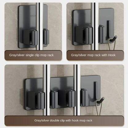 Non-Perforated Stainless Steel Mop Holder — Wall-Mounted Broom & Mop Clamp Hook for Bathroom & Door Storage