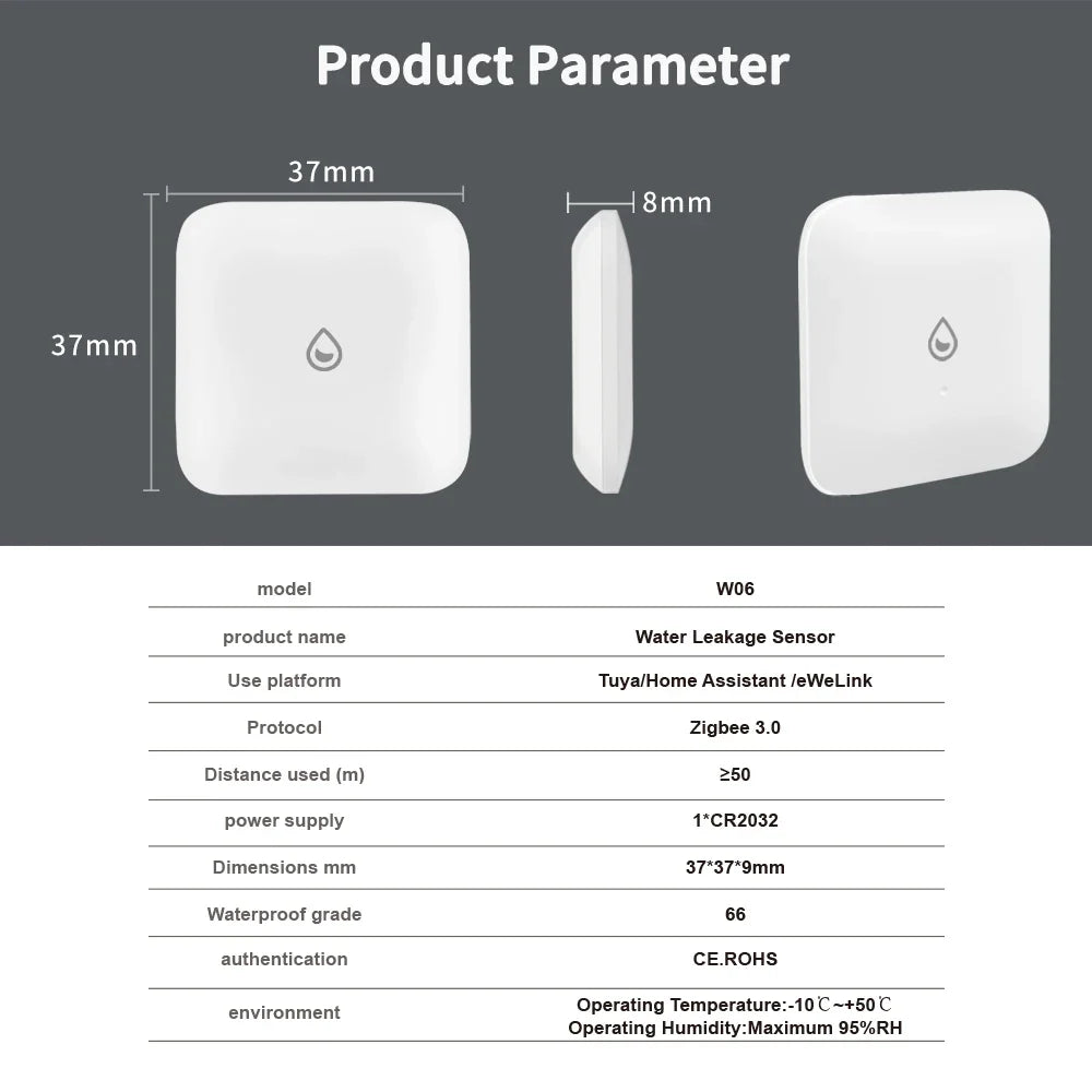 ZigBee Smart Water Leak Sensor Alarm, Tiny Leakage Detector for Tuya, Home Assistant & eWeLink Smart Home Security System