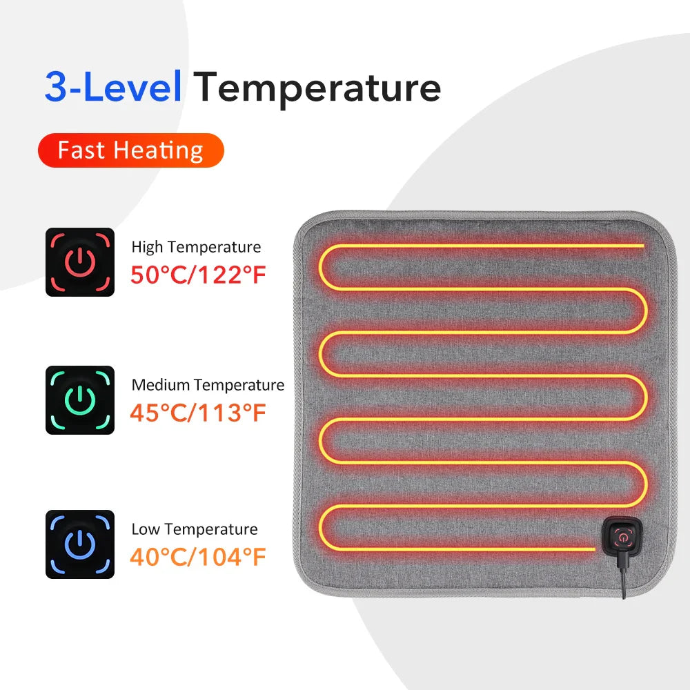 Electric Heated Seat Cushion 43x43cm / 43x90cm – 3-Temperature Adjustable Heating Mat for Office, Camping & Chair Backrest