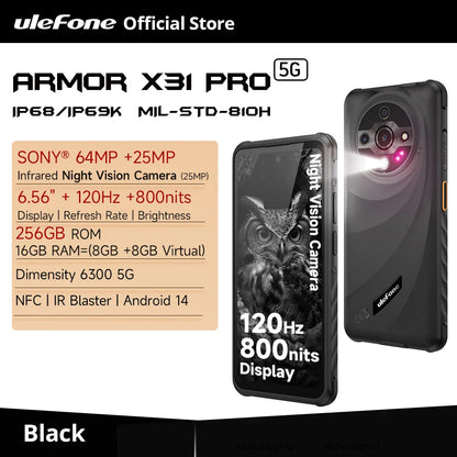 【World Premiere】Ulefone Armor X31 Pro 5G Rugged Smartphone – Android 14, 6.56” Display, 16GB+256GB, 64MP Night Camera, 6050mAh, NFC