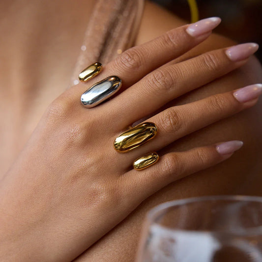 Uworld Two-Tone Geometric Double Layer Ring – Stainless Steel Waterproof Adjustable Finger Jewelry