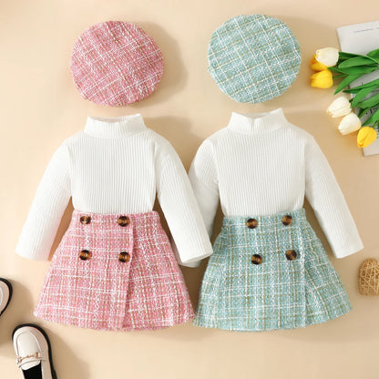 ma&baby Toddler Girls Clothes Set – Knit Long Sleeve Top, Plaid Skirt & Hat, 6M-3Y Fall & Spring Outfit