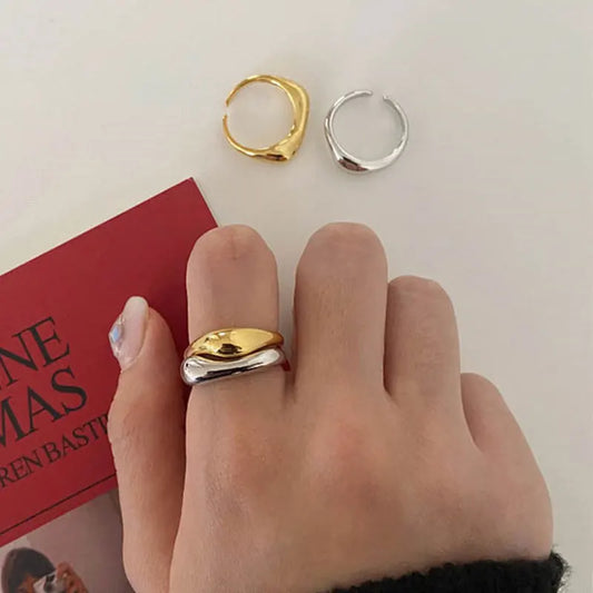 Gold & Silver Irregular Wave Ring — Handmade Geometric Adjustable Jewelry for Women