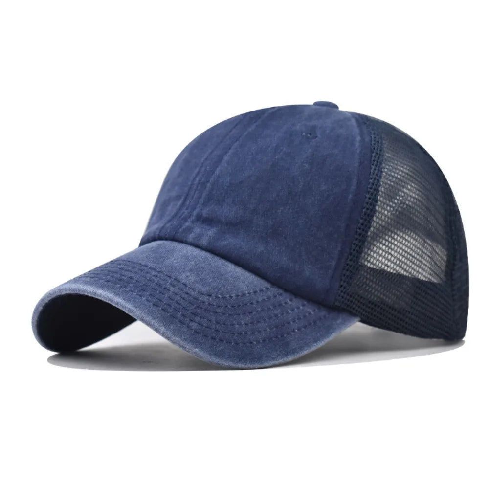 Vintage Washed Cotton Cap - Denim Mesh Baseball Hat with UV Protection for Women