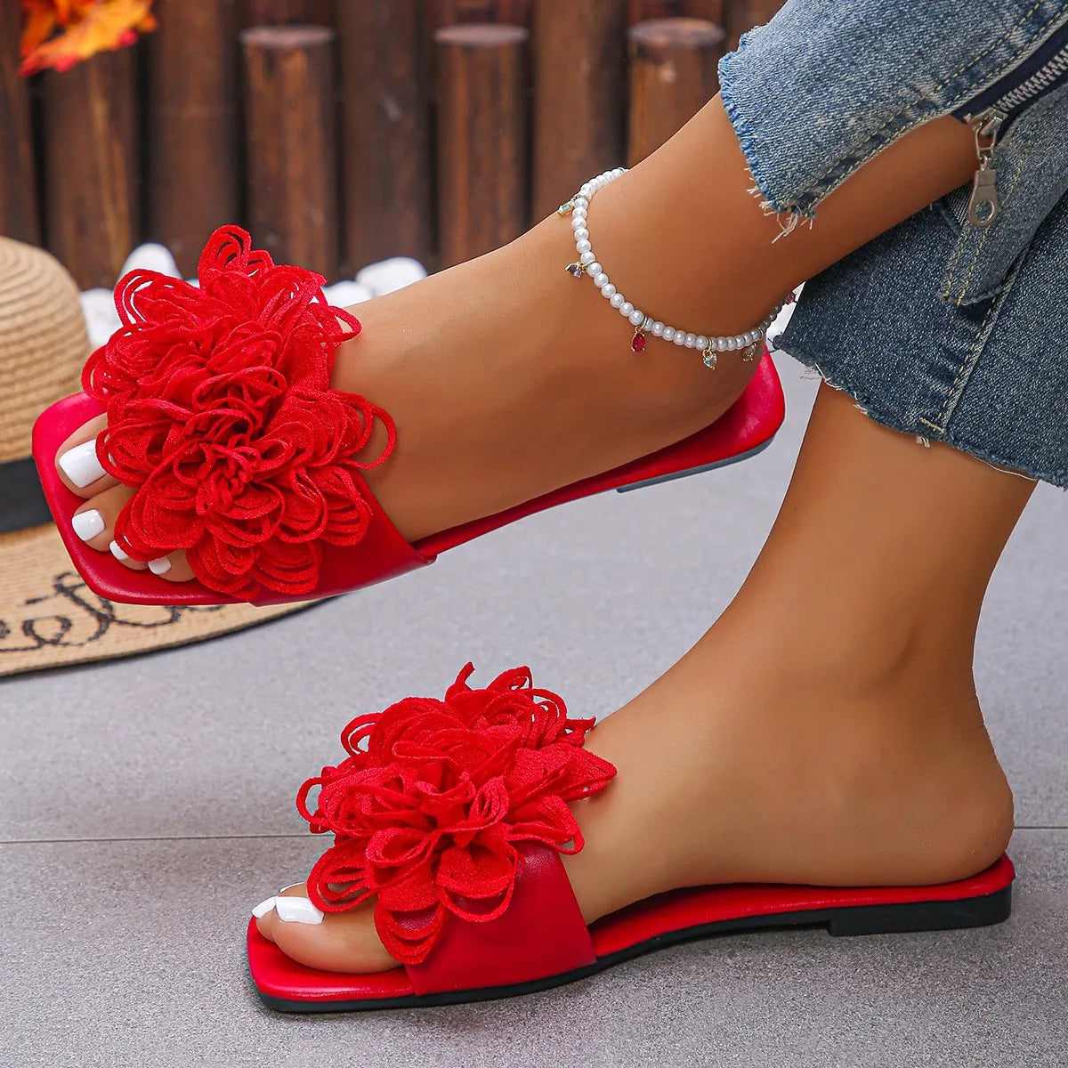 Women’s Crochet Flower Slide Sandals - Colorful Floral Slip-On Mules for Summer
