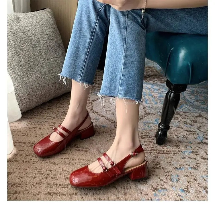 2025 Women’s Burgundy Mary Jane Shoes – Square-Toe Patent Leather Chunky Heel with Double Buckle