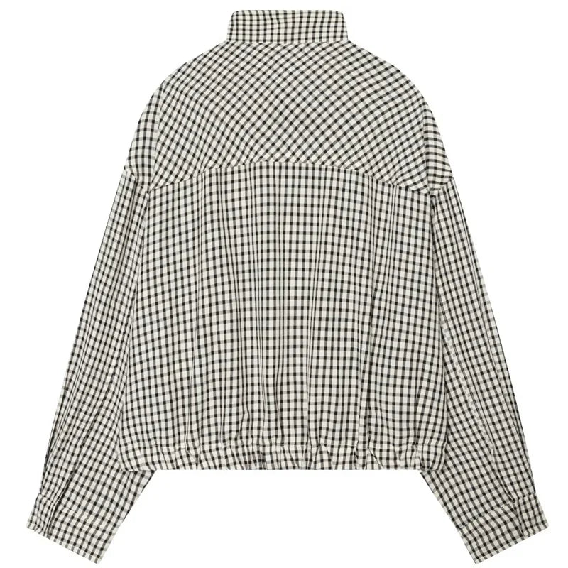 HXAO Plaid Bomber Jacket for Women - Oversized Cropped Long Sleeve Zipper Jacket for Spring & Autumn Casual Wear