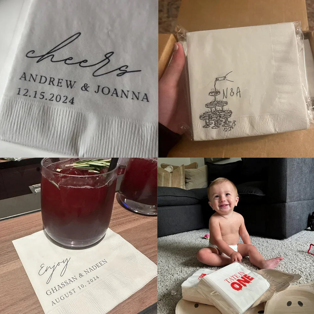 50pcs Personalized Wedding Cocktail Napkins – Custom Initials & Pet Portrait Dinner Party Decor