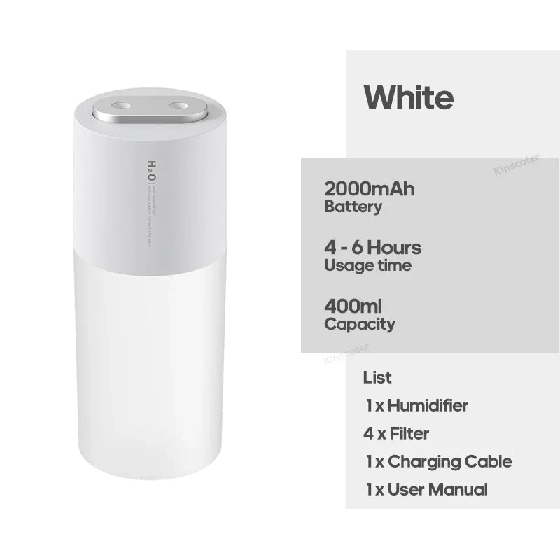 KINSCOTER Portable Double Mist Air Humidifier – 300ml Cold Mist Diffuser, 2000mAh Car Air Purifier & USB Mini Air Freshener
