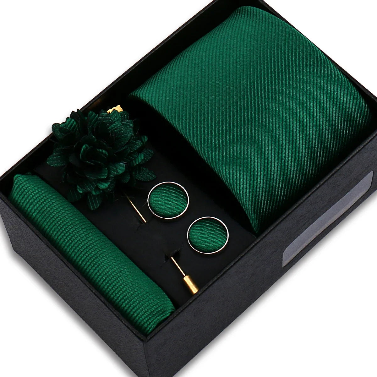 Men's Solid Color Tie Set - Jacquard Necktie, Hanky, Cufflinks & Brooch Gift Box for Weddings