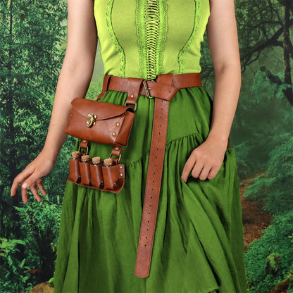 Renaissance Leather Cosplay Belt – Medieval Wizard Waist Bag with Alchemy Bottle, Cork Stopper & Copper Coin