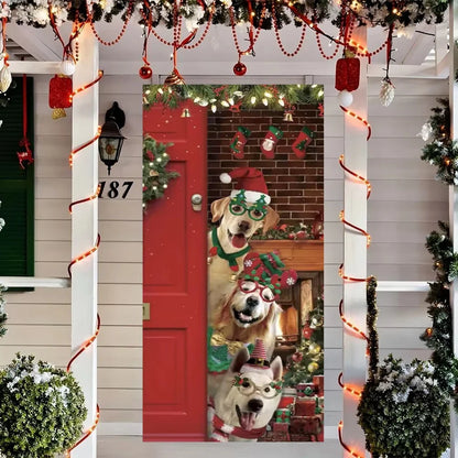 Cute Animals Christmas & New Year Door Cover – Dog, Cat, Snowman, Gingerbread Man Holiday Outdoor Winter Decoration Gift