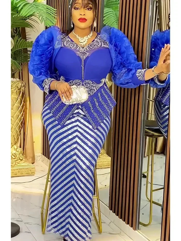 African Dresses for Women - 2025 Plus Size Sequin Evening Party Long Dress Dashiki Ankara Fashion Outfit