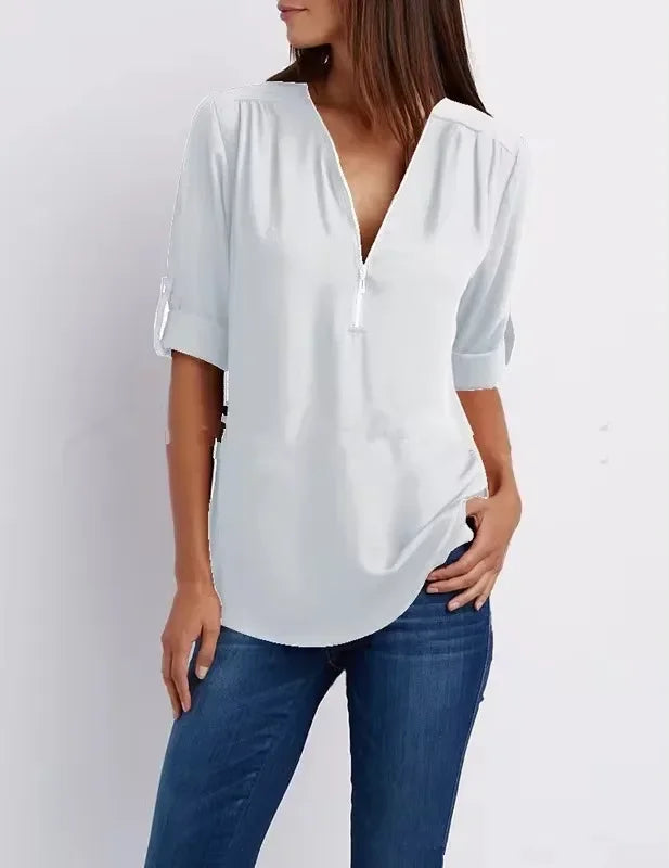 Women’s 2025 Hot Sale Loose Chiffon Blouse – Deep V-Neck Casual Top with Zipper Pullover Plus Size