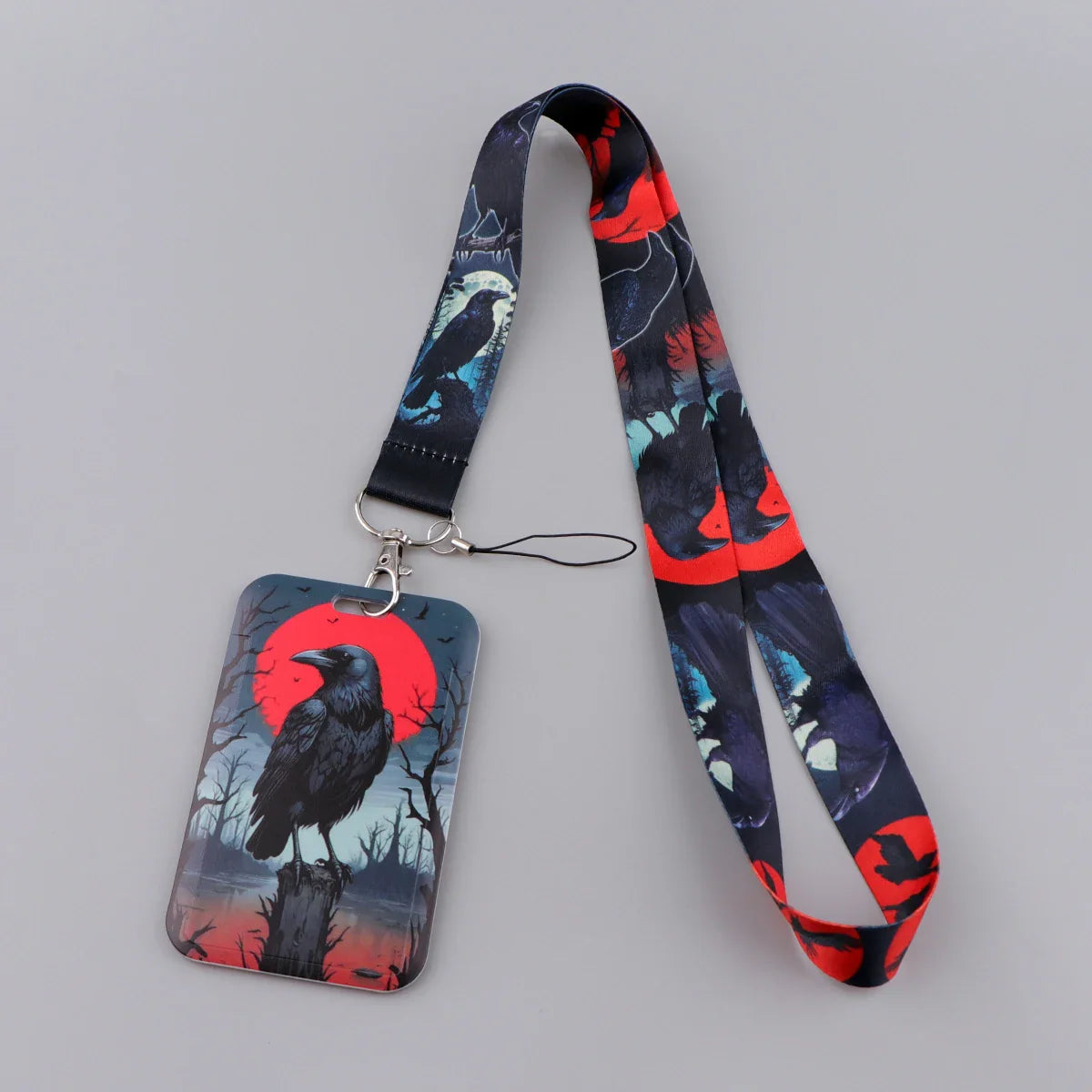 Black Crow Punk Skull Lanyard – Credential Holder Neck Strap for Keys, ID Cards & Phone Accessories, Halloween Gift