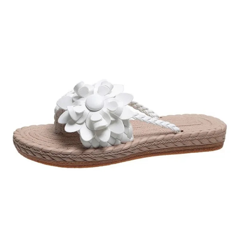 Women's Braided Floral Flip Flops - Flat Open-Toe Vacation Sandals