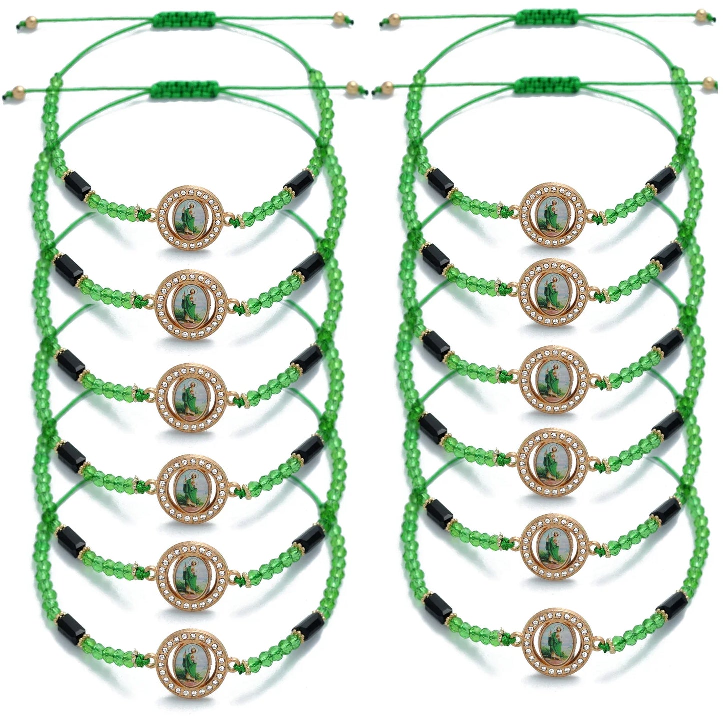 12pcs Mexican Saint Jude Bracelets – Handmade San Judas Tadeo Catholic Green String Rosary Bracelets Religious Gift Set