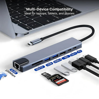 8-in-1 USB-C Hub 3.0 Splitter – 4K Docking Station Adapter with PD, SD, TF, RJ45, HDMI for MacBook Air M1, iPad Pro