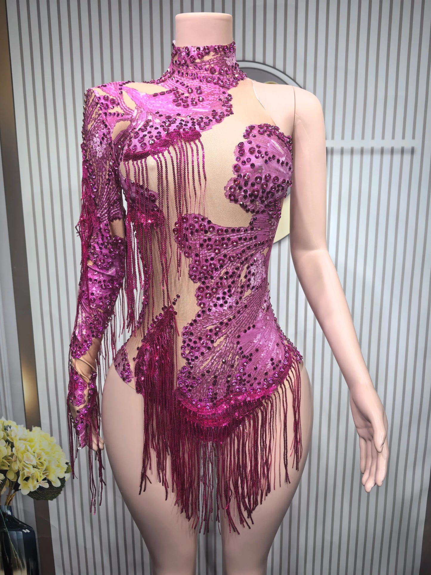 Sparkly Blue Rhinestone Leotard - One-Shoulder Fringe Bodysuit for Dance, Stage & Performance