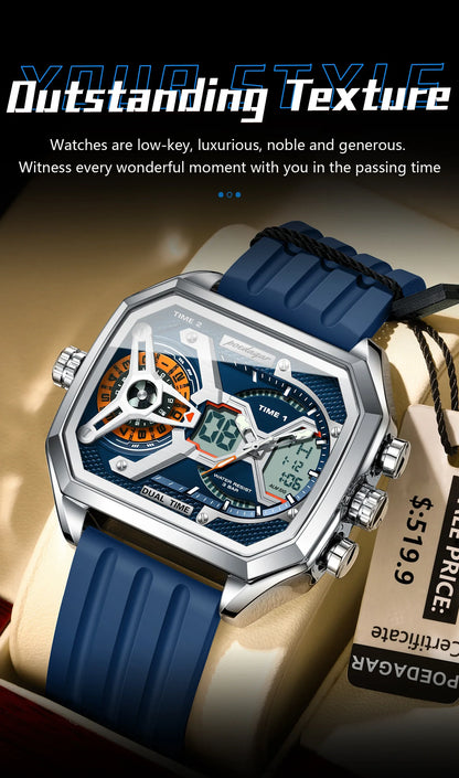 POEDAGAR Men's Luxury LED Wristwatch – Electronic Quartz Watch with Calendar, Week Display, Luminous Hands, and Silicone Strap