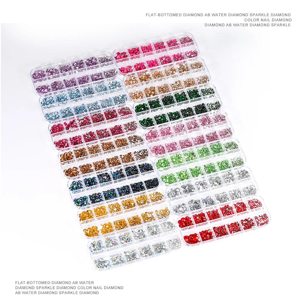 12-Grid 3D Glass AB Crystal Nail Art Rhinestones Kit – Flatback Round Beads with Tools for Nail Jewelry & Diamond Decoration