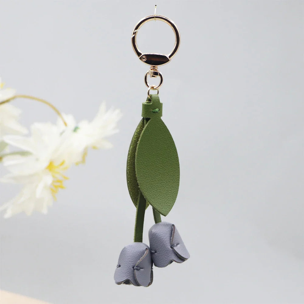 Fashion Tulip PU Leather Bag Charm Keychain – Cute Flower & Leaf Pendant, Creative Handbag Decoration Gift for Family & Friends