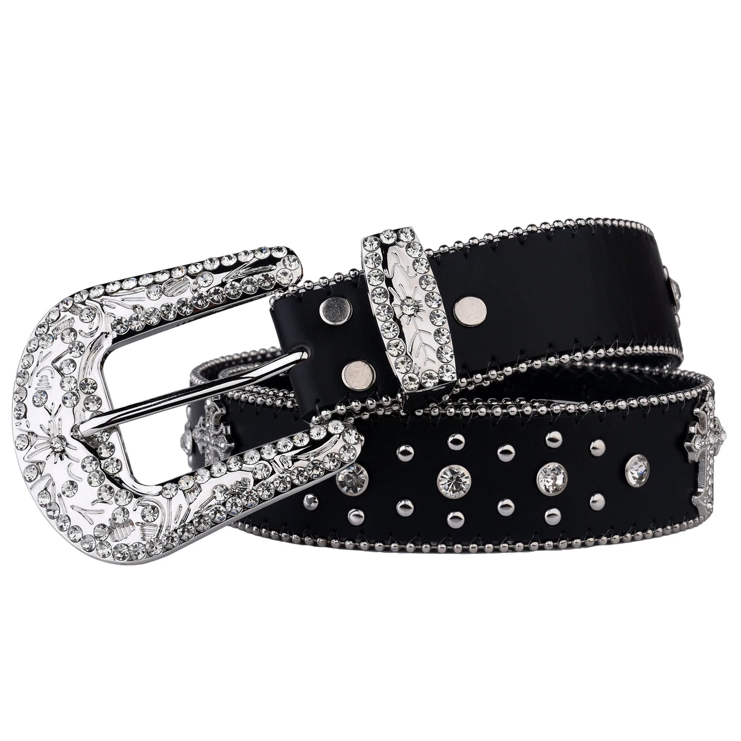 Black Cross Rivet Belt with Engraved Buckle – Rhinestone PU Punk Western Cowboy Cowgirl Jeans Belt
