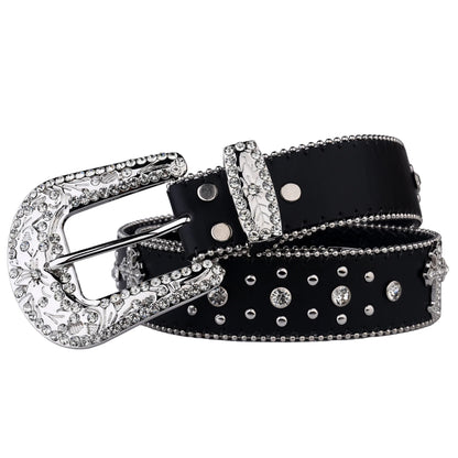 Black Cross Rivet Belt with Engraved Buckle – Rhinestone PU Punk Western Cowboy Cowgirl Jeans Belt