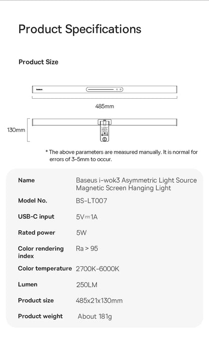 Baseus Magnetic USB Computer Screen Light – Hanging LED Desk Lamp for Monitor, Laptop, and Reading