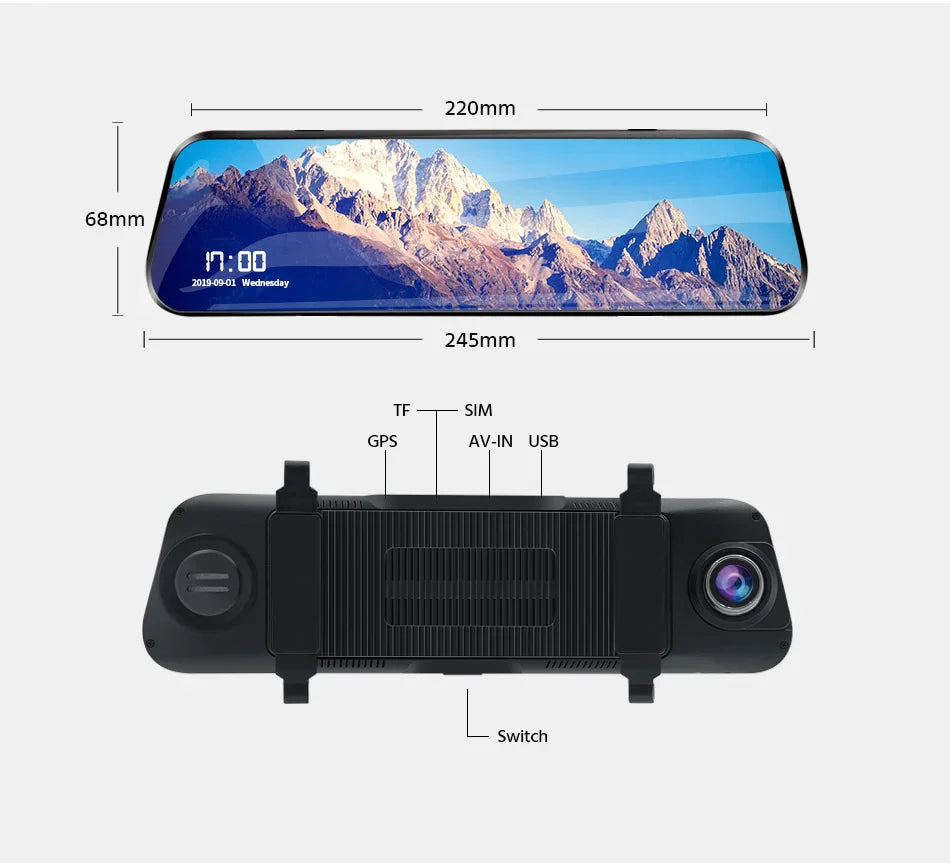 E-ACE 10'' 4G Android Dash Cam – FHD 1080P Dual Lens Rearview Mirror DVR with ADAS & Streaming