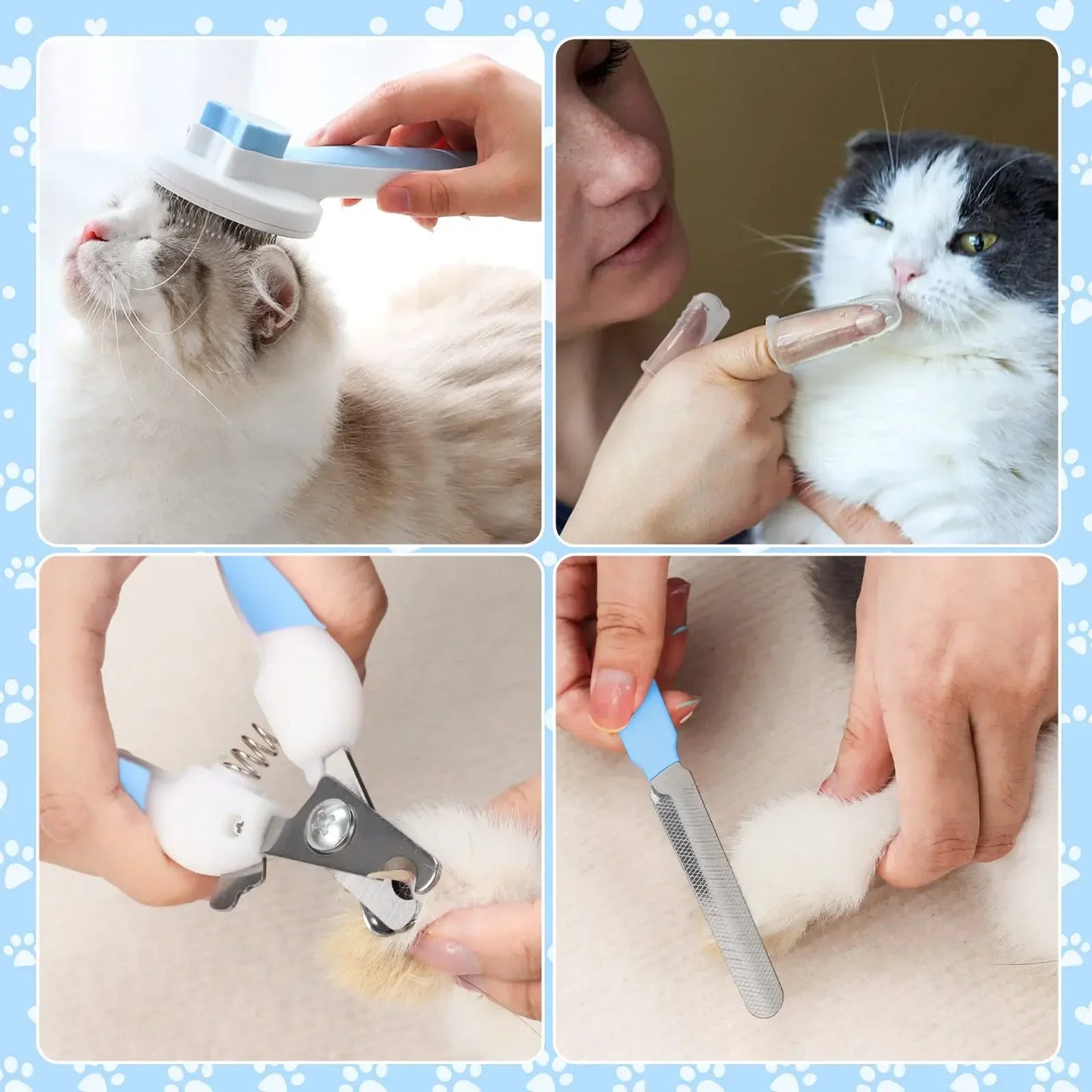 8Pcs Cat Grooming Kit – Flea Comb, Shedding Brush, Pet Shampoo Bath Brush & Silicone Toothbrush Set for Cats & Pets